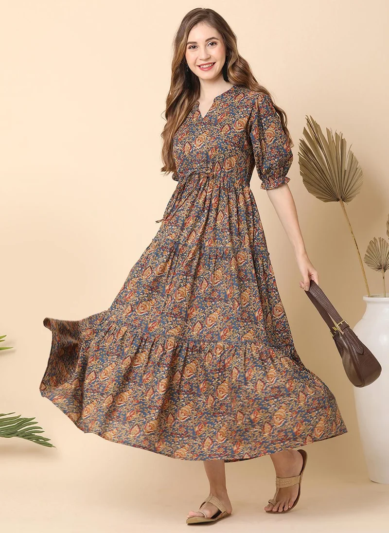 globus Globus Women Mandarin Collar Puff Sleeves All Over Ethnic Print Fit & Flare Maxi Dress